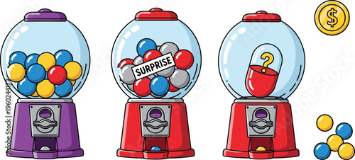 Colorful gumball machine vector illustration set featuring vintage candy dispensers with surprise toys and prizes isolated on white background for commercial graphic design use