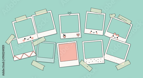 Teal pastel instant photo frames with minimal clean arrangement composition