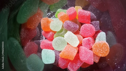 Schilderij op canvas Top view of colorful sugar-coated jelly candies in a glass jar