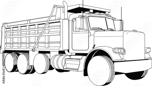 Heavy duty dump truck line art illustration featuring a large commercial construction vehicle for hauling isolated on white background for coloring book or design
