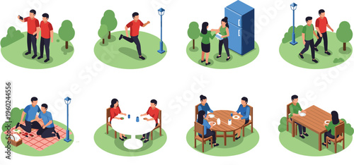Isometric vector illustration set of people engaging in various outdoor and indoor activities like jogging, picnicking, dining at tables, and using a refrigerator.