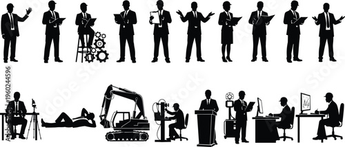 Large set of black silhouettes featuring business professionals engineers and industrial workers operating heavy machinery and working at desks isolated on a white background.