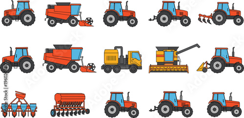 Large vector icon set of red and orange agricultural machinery including tractors combine harvesters seeders plows and industrial farm equipment isolated on white background.