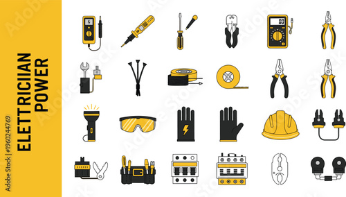 Professional electrician tool icon set featuring multimeters, pliers, voltage testers, safety gear, and electrical components for power maintenance, industrial wiring, and home repair service designs.