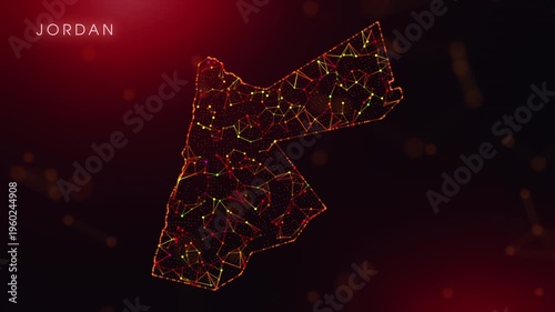 A dynamic motion video showcasing the Jordan country border through a colorful plexus reveal. Glowing red and orange dots represent high-tech data communication and global digital networks.