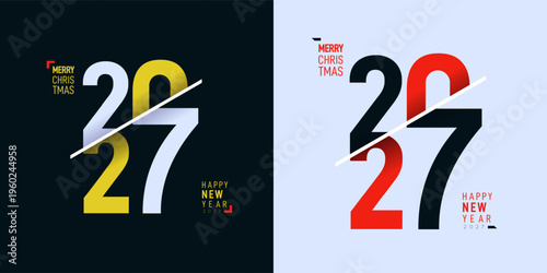 Dual panel for Happy New Year 2027 and Merry Christmas featuring bold split typography and contrasting backgrounds