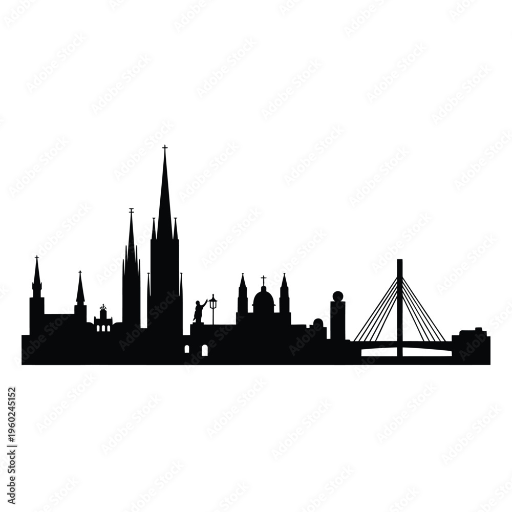 Fototapeta premium Silhouette of a city skyline featuring a cathedral and modern bridge