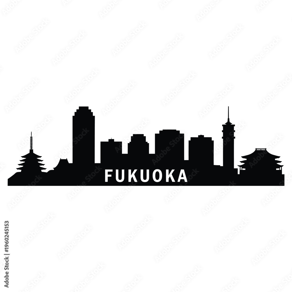 Fototapeta premium Fukuoka city skyline silhouette against a clean white background