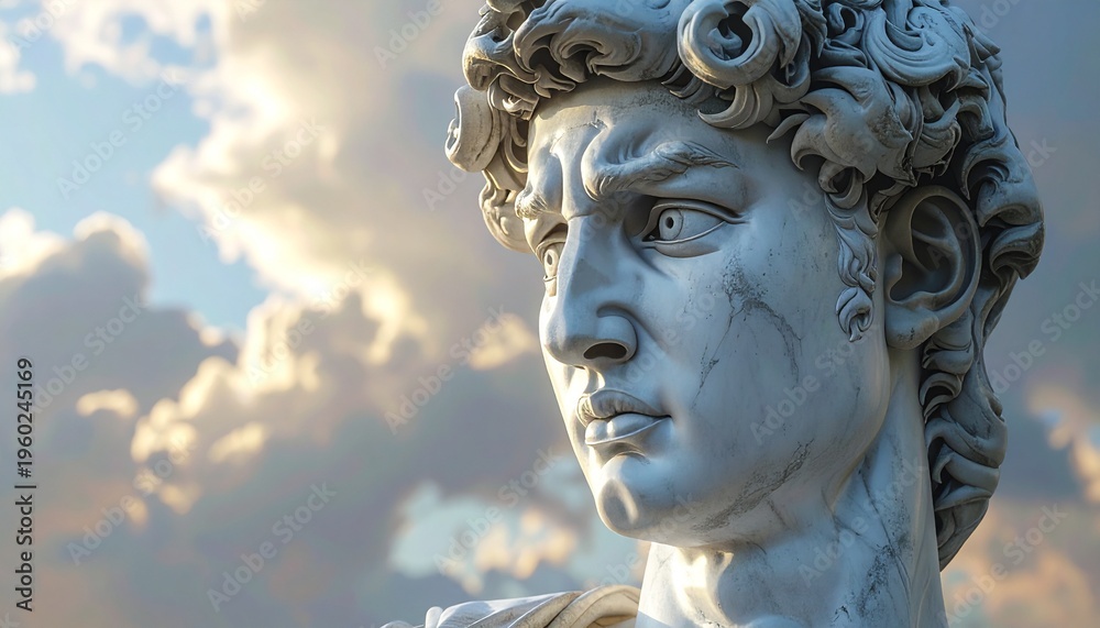 Fototapeta premium Iconic marble sculpture of a pensive heroic figure, set against a dramatic cloudy sky, epitomizing classical strength and artistic brilliance