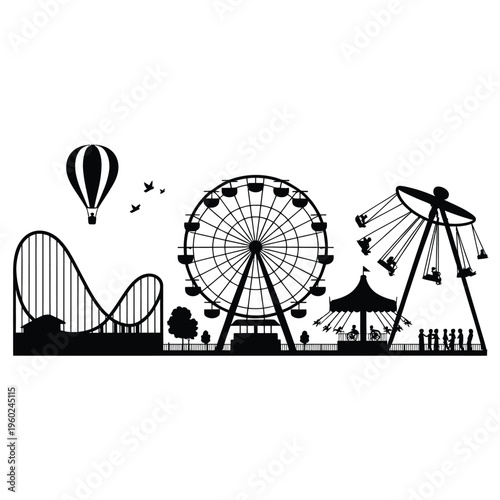 A black silhouette showcasing an amusement park with rides and attractions