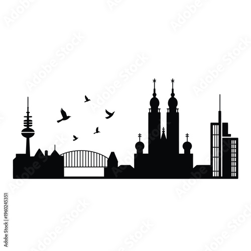 Black silhouette of a city skyline featuring prominent landmarks and birds