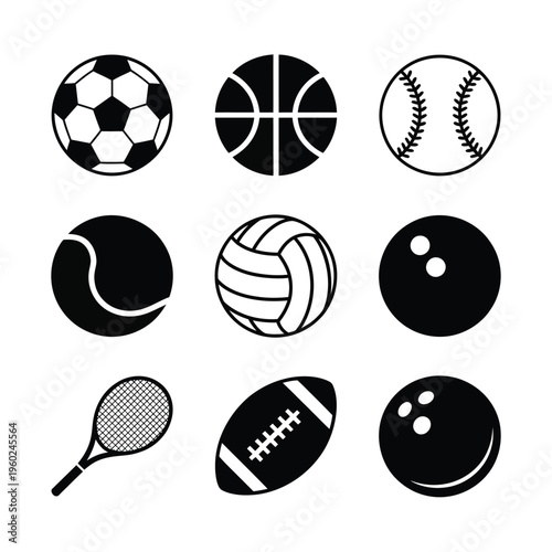Black and white icons depicting various popular sports balls and equipment