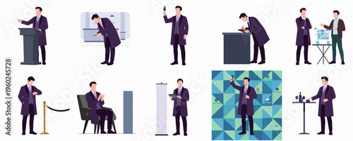 Flat Style Auctioneer Man Poses and Actions Silhouettes Character Set