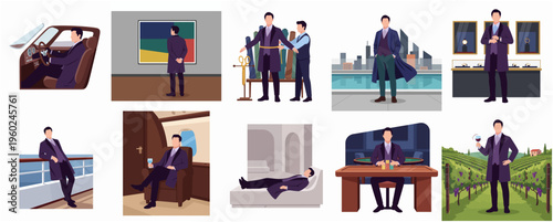 Flat Style Illustration of a Wealthy Businessman in Various Luxury Scenes