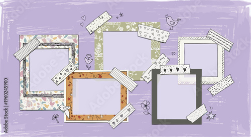 Decorative scrapbook border with washi tape and floral pattern pastel background