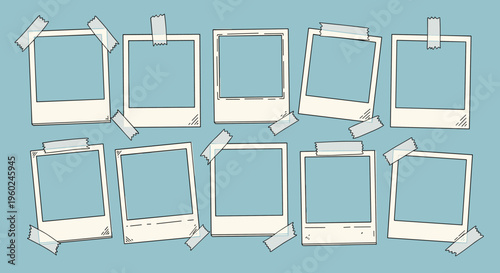 Hanging polaroid frames with tape on blue background minimal scrapbook layout