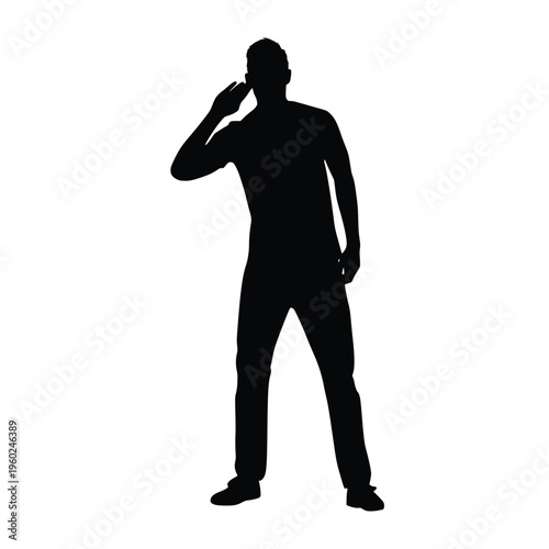 Silhouette of a young man standing and holding a hand to his ear as if listening to a phone call or secret communication isolated on white background