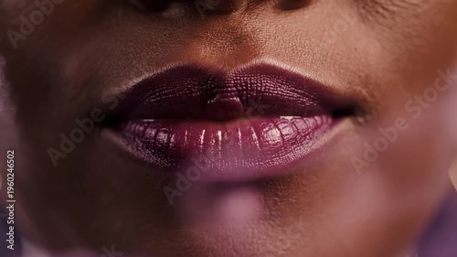 Lips with vivid textured burgundy lipstick and glossy finish