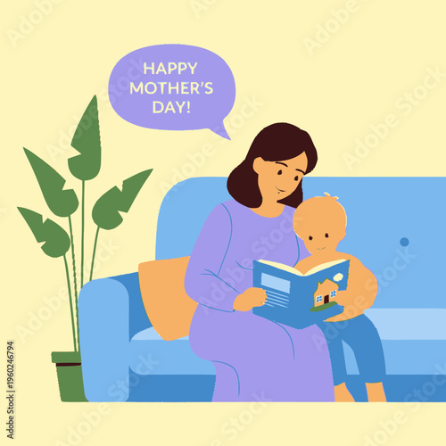 Mother and child reading a book together happily.