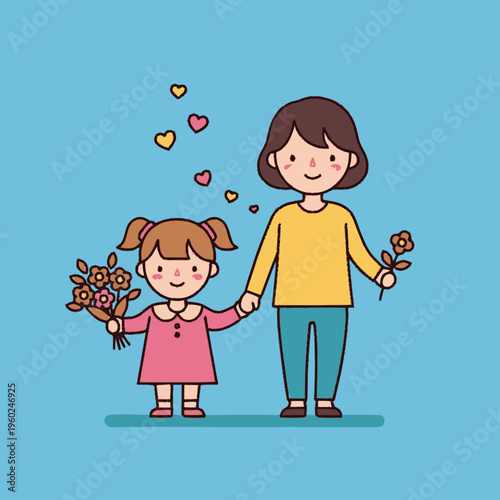 Mother and Daughter Holding Hands with Flowers.