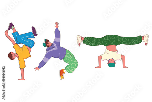 Collection of breakdance b-boy characters in various dynamic poses. Flat vector illustration set featuring street dancers for hip hop culture, urban sports, and youth lifestyle.