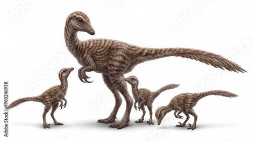 Mononykus olecranus adult with juveniles family, small theropod dinosaur with offspring showing social group and parental care behavior, detailed prehistoric scene isolated white background
