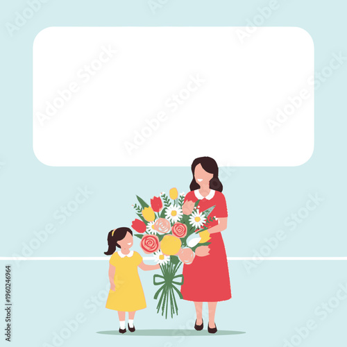 Mother and Daughter with Flower Bouquet.