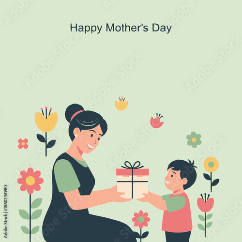 Mother and son celebrating mothers day with gift.