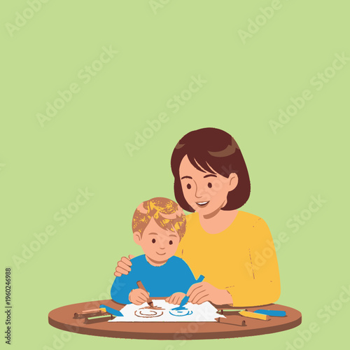 Mother and son drawing together at a table.
