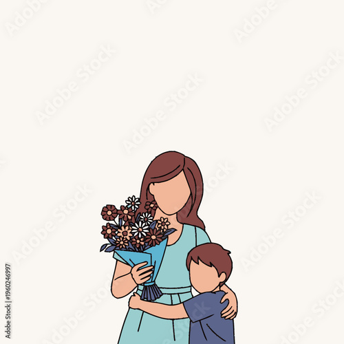 Mother and Son Embrace with Flowers.