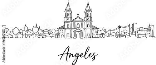 Angeles City Philippines skyline with Holy Rosary Parish Church continuous line drawing vector illustration