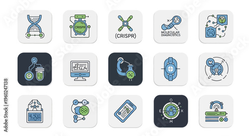 Set of Flat Line Icons for Biotechnology, Genetics, CRISPR Gene Editing, and Molecular Diagnostics