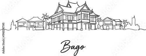 Bago Myanmar city skyline continuous line drawing with traditional houses vector illustration