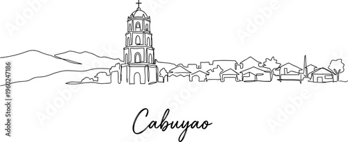 Cabuyao Philippines city skyline with church belfry minimalist one line drawing vector illustration