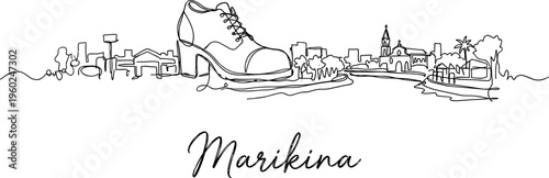 Marikina City skyline with giant shoe landmark minimalist continuous line art vector illustration
