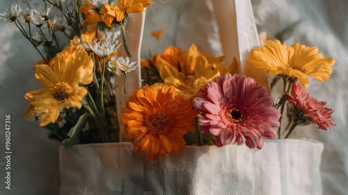 Vibrant Gerbera Daisies and Yellow Flowers in a White Tote Bag.