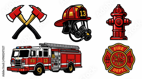 Graphic Design Assets Featuring Essential Fire Department Tools and Emergency Rescue Service Elements