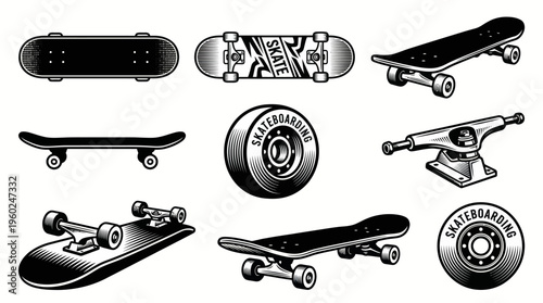 Collection of illustrations showcasing various parts and designs of a skateboard