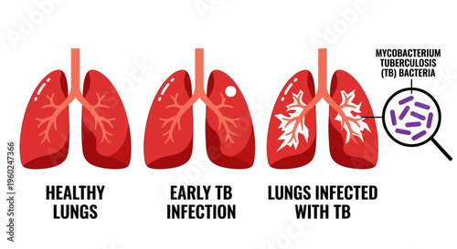 Visual Progression of Tuberculosis (TB) Infection in Human Lungs, Depicting Healthy to Advanced Disease Stages