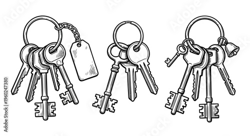 Collection of hand-drawn vintage keys on rings, depicting secure access and old-fashioned mechanisms