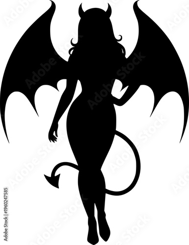 Demon Woman Silhouette with Wings Fantasy Illustration Isolated on a White Transparent Background Vector Graphic Clipart