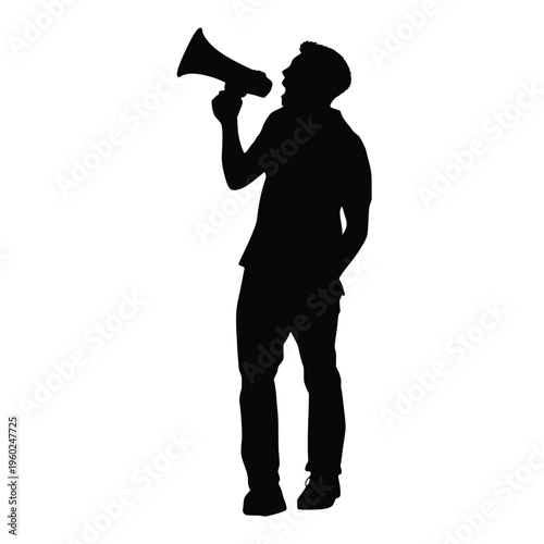 Silhouette of a man shouting through a megaphone, making an announcement, protesting, or cheering for a cause, loud communication isolated on white