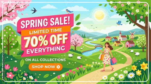 Spring Sale Banner with Spring Landscape and Woman Shopping