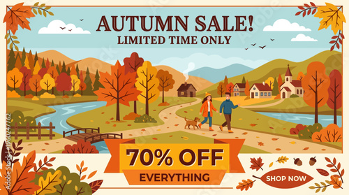 Autumn Sale Banner with Scenic Landscape and Couple