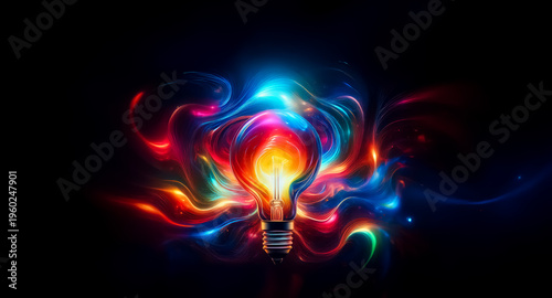 A glowing light bulb emits vibrant swirling streams of colorful