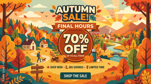 Autumn Sale Banner with 70% Discount and Fall Landscape