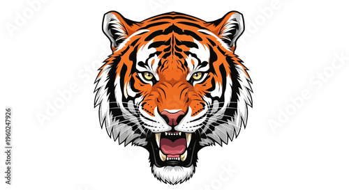 Dynamic illustration of a fierce tiger's head with an open mouth, capturing its powerful growl and intense stare, ideal for strong brand identity and bold graphic designs