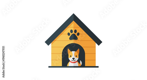 Happy cartoon puppy dog peeking out from its cozy yellow doghouse with a paw print detail, representing pet care and comfort in a cheerful illustration