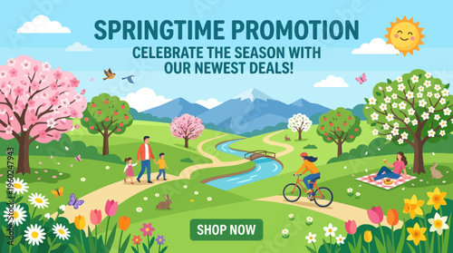 Springtime Promotion Banner with Sunny Landscape