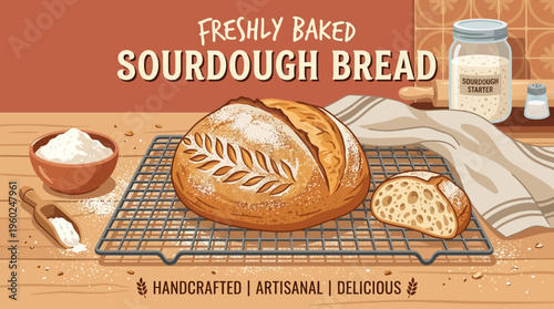Freshly Baked Sourdough Bread with Baking Ingredients